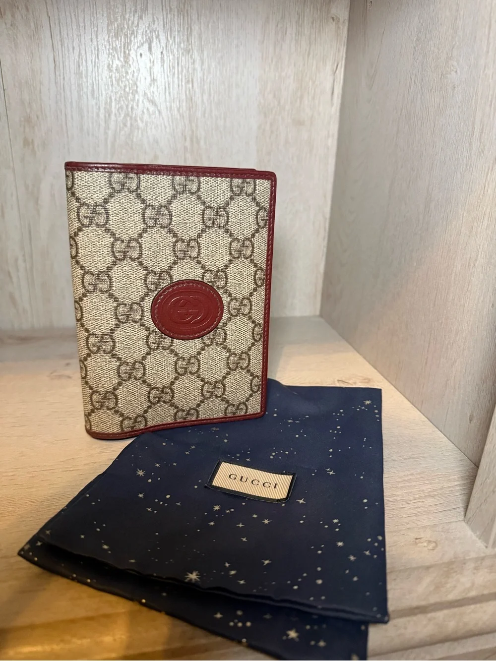 Gucci GG Canvas Passport Cover in Beige with Red Trim